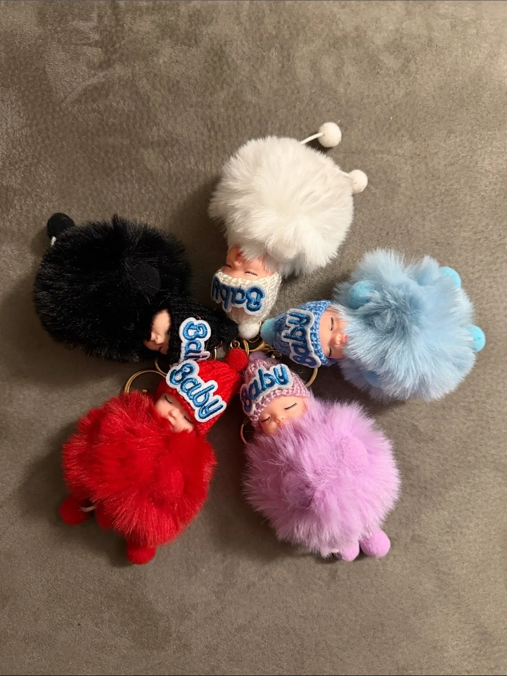 Baby Pom-Pom Plush Keychain - Red, Black, White, Blue, Purple B24